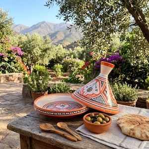 Peut inclure: Un tajine en céramique orange et blanc ouvert avec son couvercle assorti, posé sur une table en bois avec des olives, du pain et des cuillères en bois. Le tajine présente un motif géométrique. L'arrière-plan présente un jardin avec des fleurs et des montagnes.