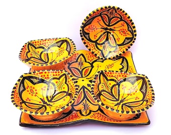 Handmade Moroccan Ceramic Serving Set - 5-Piece Yellow & orange Pottery, Hand-Painted Bowls and Tray.