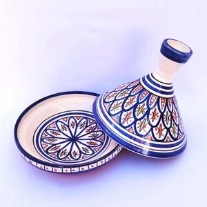 Moroccan Tagine – 10-inch Safi Pottery Serving Pot Blue White _ handmade ceramic.