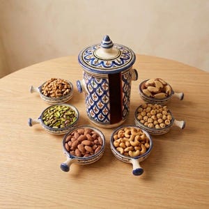 Puede incluir: Un juego de servir de cerámica que incluye un recipiente central con tapa decorado con un patrón geométrico azul y blanco, rodeado por seis cuencos pequeños a juego con asas, cada uno lleno de una variedad diferente de frutos secos.