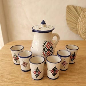 Handmade Moroccan ceramic pitcher and cups set , pottery mug , housewarming gifts, bathroom decor, bedside carafe, ceramic dish, ceramic art