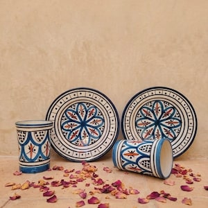 Handmade Moroccan Ceramic Tea Set _ Hand-Painted pottery Cup and Side Plate _ home decor _ unique artisanal set