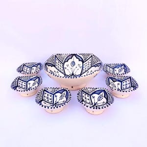 Handmade Moroccan Ceramic Bowl Set - 7-Piece Cobalt Blue & White Serving Set - Traditional Hand-Painted Wall Decor - Authentic Safi Pottery