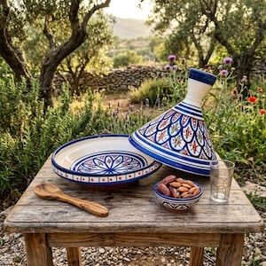 May include: A ceramic tagine with a blue and white geometric design, open to reveal the interior. A small bowl of dates, a wooden spoon, and a glass sit on a rustic wooden table. The background features a garden setting.