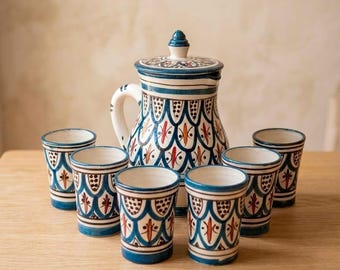 Juego de jarra y tazas de cerámica marroquí hechas a mano, taza de cerámica, regalos de inauguración de casa, decoración de baño, jarra de mesita de noche, plato de cerámica, arte en cerámica