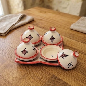 Handgefertigtes marokkanisches Keramik-Tajine-Set, Mini-Tajine-Set, Landhausküchen-Dekoration, Gewürzgläser, Wohnaccessoires, Geschenk zum Einzug, Ringablage