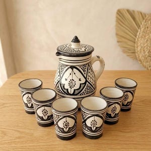 Handmade Moroccan ceramic pitcher and cups set , pottery mug , housewarming gifts, bathroom decor, bedside carafe, ceramic dish, ceramic art