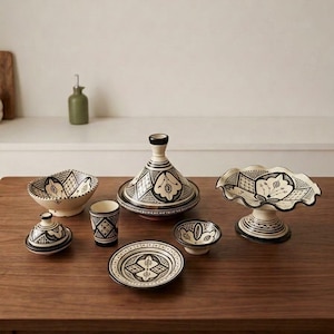 Handmade Moroccan ceramic dinnerware set _ black and white Tagine, Bowls & serving dishes _ ceramic art _ Kitchen Decor _ dinning table set