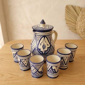 Handmade Moroccan ceramic pitcher and cups set , pottery mug , housewarming gifts, bathroom decor, bedside carafe, ceramic dish, ceramic art
