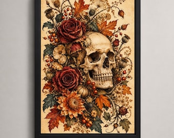 Arte mural vintage con calaveras y flores, arte gótico botánico con calaveras, decoración antigua de Halloween, bodegón de rosas otoñales y flores silvestres, arte vintage para el hogar.
