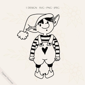Puede incluir: Ilustración en blanco y negro de un elfo de dibujos animados con un sombrero con pompón, una camisa a rayas y un peto con un corazón. La imagen incluye el texto "1 DESIGN SVG PNG JPEG".