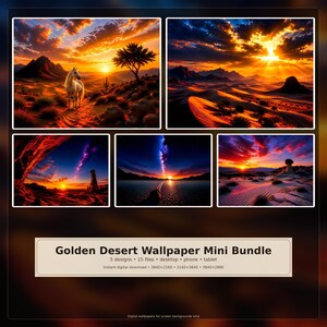 May include: A digital wallpaper mini bundle featuring five desert landscape designs. Each image showcases a golden sunset over dunes, mountains, and a lone tree. The text reads "Golden Desert Wallpaper Mini Bundle" with file and resolution details.