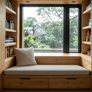 May include: A built-in window seat with a neutral cushion and a matching pillow. The seat is surrounded by wooden bookshelves and a large window with a view of lush greenery. Two drawers are built into the base of the seat.