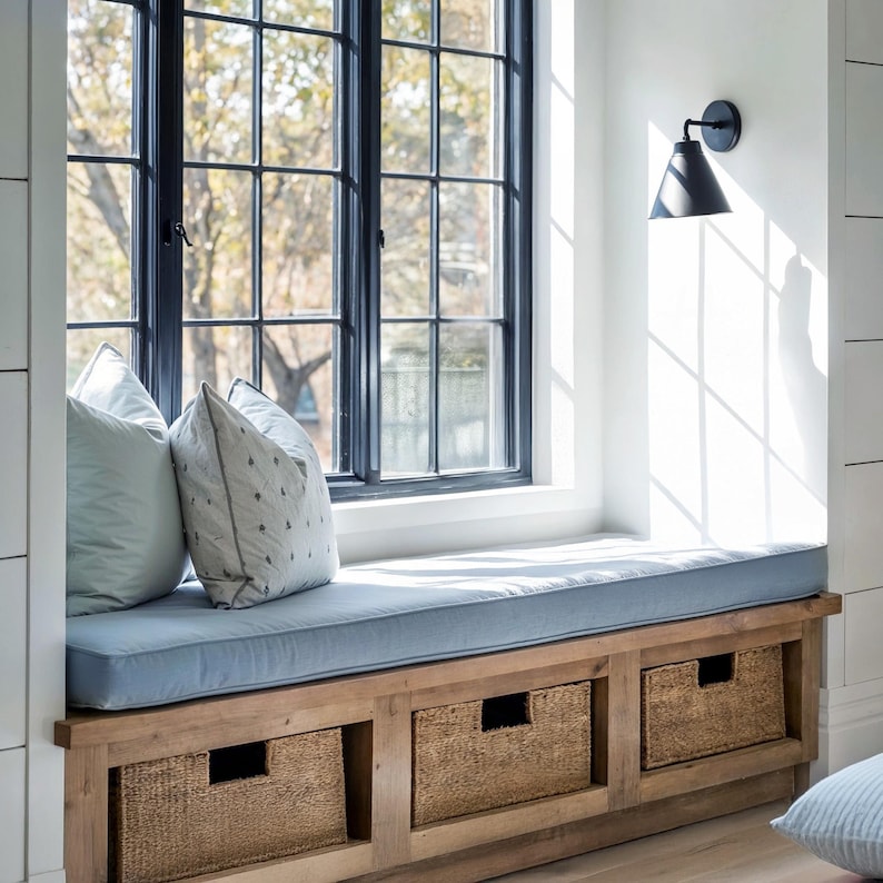 Custom Light Blue Linen Window Seat Cushion, Bay Bench Pad - Etsy