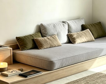 Cojín de lino gris claro, cojín para banqueta, hecho a mano, lavable.