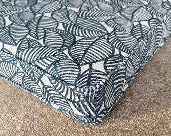 Custom Made Blue Leaf Print Cushion, Banquette Cushion, Handmade, Bay Window