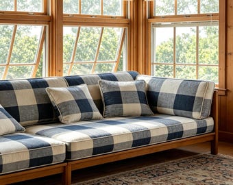 Custom Blue Plaid Seat Cushion, Banquette Cushion, Handmade, Bay Window