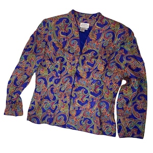 Vintage Adrianna Papell 100% Silk Paisley Blazer Blue Purple Jewel Tone Size 12 zdjęcie 1