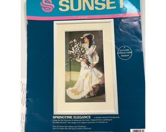 NOS Dimensions Sunset Crewel Kit Springtime Elegance 11065 Victorian Lady