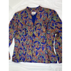 Vintage Adrianna Papell 100% Silk Paisley Blazer Blue Purple Jewel Tone Size 12 zdjęcie 4