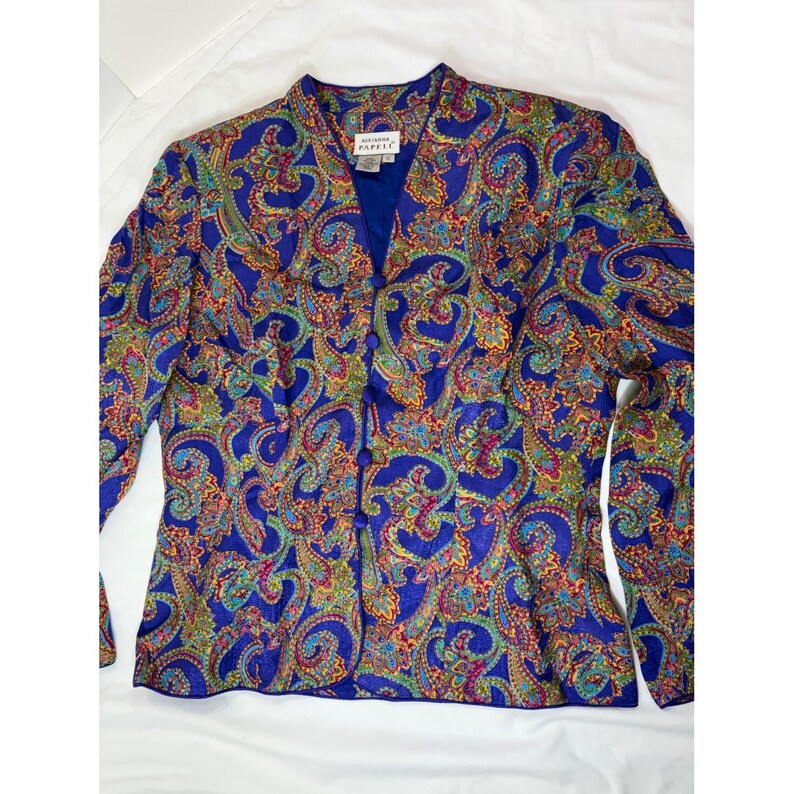 Vintage Adrianna Papell 100% Silk Paisley Blazer Blue Purple Jewel Tone Size 12 zdjęcie 4