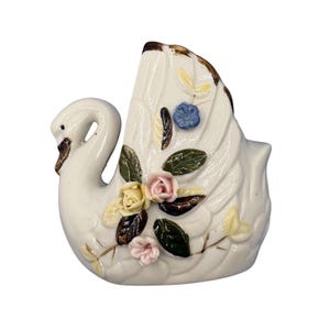 Vintage White Swan Planter Ceramic Applied 3D Flowers Japan Mid Century Small