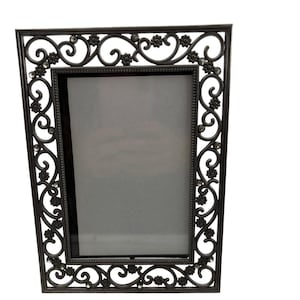 Vintage Sixtrees Black Metal Filigree Picture Frame Rhinestones Floral Openwork