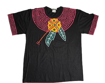 Vintage Moustache by Lady X Shirt XL Black Broadcloth Ribbon Embroidery Boxy T