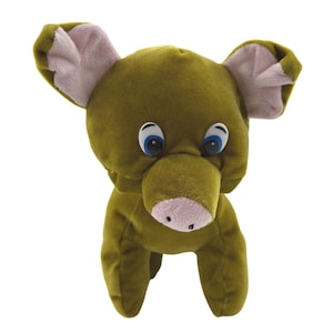 May include: A plush toy shaped like a pig with olive green fur, large pointed ears with light pink inner lining, a light pink snout with two dark nostrils, and round eyes featuring white sclera, blue irises, and black pupils.