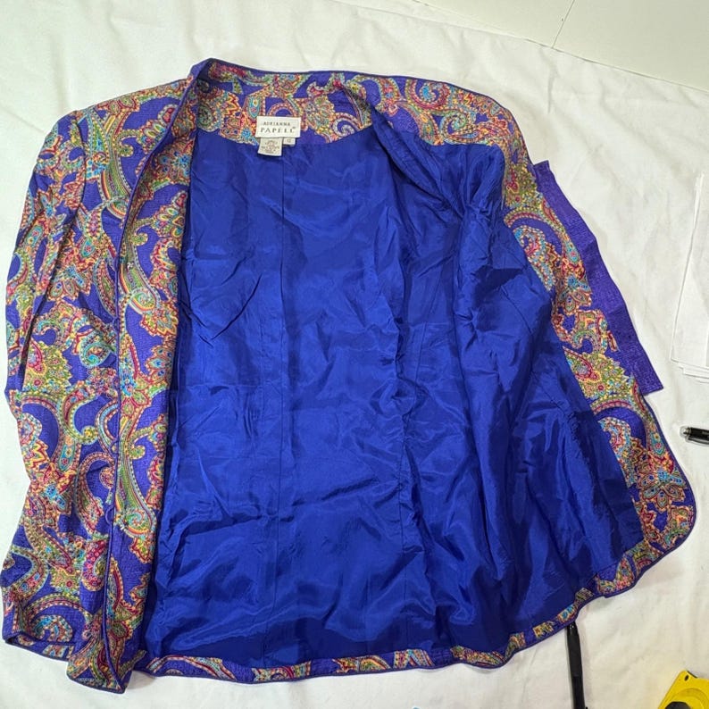 Vintage Adrianna Papell 100% Silk Paisley Blazer Blue Purple Jewel Tone Size 12 zdjęcie 5