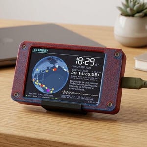 May include: A rectangular digital device with a textured, reddish-blue frame secured by four corner screws. The screen displays a globe graphic, the time 18:29, the date Sun 27 Sep 2026, and text regarding earthquake data, including the word STANDBY.
