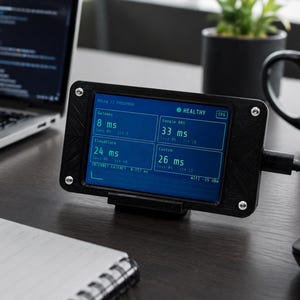 May include: A black rectangular network monitor device with a textured frame and four silver corner screws. The screen displays blue digital text showing latency metrics for Gateway, Google DNS, Cloudflare, and Custom connections, with a status of HEALTHY.