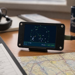 May include: A black rectangular electronic device with a screen displaying a circular radar interface with various directional markers. The device is secured with four silver screws at the corners and is connected to a black power cable on the right side.