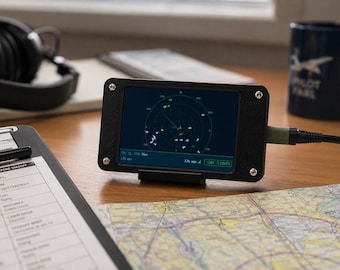 May include: A black rectangular electronic device with a screen displaying a circular radar interface with various directional markers. The device is secured with four silver screws at the corners and is connected to a black power cable on the right side.