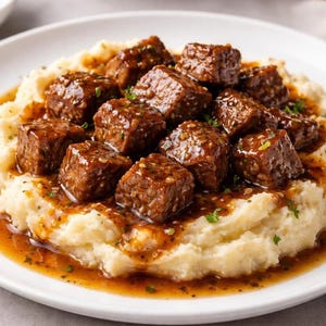 May include: A plate of mashed potato topped with braised beef cubes in a rich gravy. The dish is garnished with fresh parsley. The food is served on a white plate, with a small bowl of green herbs in the background.