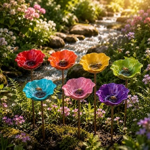 Könnte beinhalten: Eine Sammlung von sieben bunten, blütenförmigen Gartenornamenten aus Keramik. Jede Blume hat eine andere Farbe, darunter Rot, Orange, Gelb, Grün, Blau, Rosa und Lila. Die Blumen sind auf Metallstielen in einem Garten platziert.