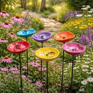 May include: A collection of colorful, ceramic bird baths in a garden setting. Each bath is a different color: red, yellow, pink, orange, purple, and blue. They are mounted on black metal stakes and surrounded by flowers.