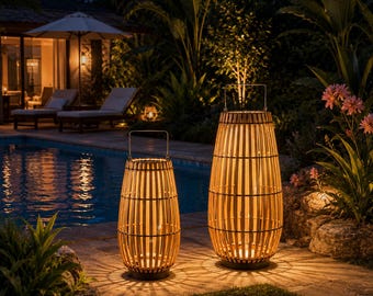 Solar Outdoor Floor Lantern, Waterproof Garden Patio Light with Remote Control, Modern Bamboo Style LED Lamp