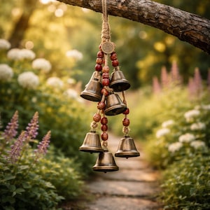 Puede incluir: Un grupo de campanas de color bronce cuelga de una rama de árbol. Las campanas están unidas con hilo y entremezcladas con cuentas rojas y marrones. Un pequeño amuleto de madera circular está en la parte superior. El fondo es un camino de jardín borroso.