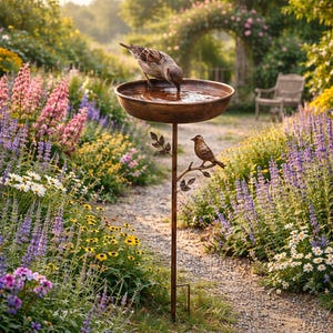 May include: A bronze bird bath with a perched bird drinking water. The bird bath is supported by a slender pole with a decorative branch and a second bird. The bird bath is surrounded by a lush garden with colourful flowers.