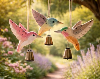 木製鳥の風鈴、ガーデン用屋外風鈴、素朴な吊り下げ風鈴、お悔やみギフト用風鈴、パティオ用屋外風鈴、自然装飾