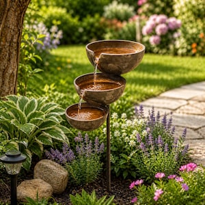 Raccoglitore di pioggia rustico da giardino / Vaschetta per uccelli in metallo a 3 livelli, decorazione da giardino, ciotola per api per giardino esterno