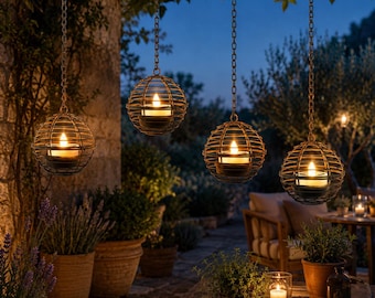 Rustic Solar Hanging Lanterns – Set of 4 Iron Sphere Candle Lights – Waterproof Outdoor Garden & Patio Decor