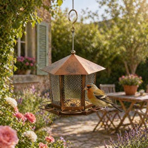 Puede incluir: Un comedero para pájaros de color cobre con un techo hexagonal y lados de malla. Un pequeño pájaro con plumas naranjas, marrones y grises se posa en el comedero, comiendo semillas. El comedero está suspendido en un jardín.