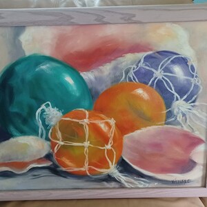 May include: A painting of four colorful buoys with white netting, resting on a pink and white shell. The buoys are green, orange, purple, and white. The painting is signed "Weihle" in the bottom right corner.