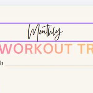 Könnte beinhalten: Ein Fitnesstracker mit den Worten "Monthly Glute Workout Tracker" in einem Farbverlauf aus Rosa, Orange und Gelb. Das Wort "Monthly" ist in Schreibschrift geschrieben, und es gibt einen Platz, um den Monat einzutragen. Der Hintergrund ist hellbeige.
