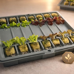 Könnte beinhalten: Eine graue Kunststoffschale mit verschiedenen jungen Pflanzen, darunter Salat und Pilze, in einzelnen Anzuchtwürfeln. Ein goldfarbenes Emblem mit Blattdesign befindet sich in der unteren rechten Ecke. Die Schale ist für die Hydrokultur bestimmt.