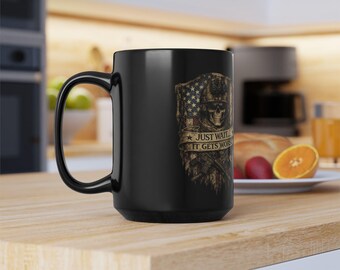 Skull with American Flag Banner Mug | 15oz Black Ceramic