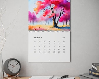 Calendario de pared con diseño de árbol en acuarela para 2026, planificador mensual de arte natural.