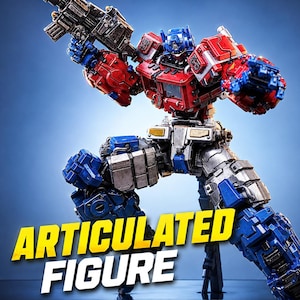 Può includere: Un robot articolato in rosso, blu e argento con una finitura metallica usurata. La figura impugna un grande blaster nella mano destra e presenta dettagli meccanici, tra cui piastre pettorali e armatura sulle gambe. Il testo recita ARTICULATED FIGURE.